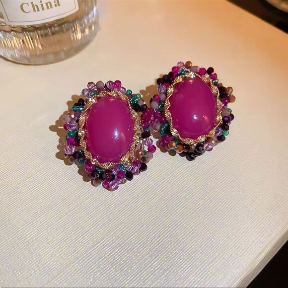 Vibrant Pink Oval Stud Earrings with Multi Color Crystal Details - Picture 4 of 8